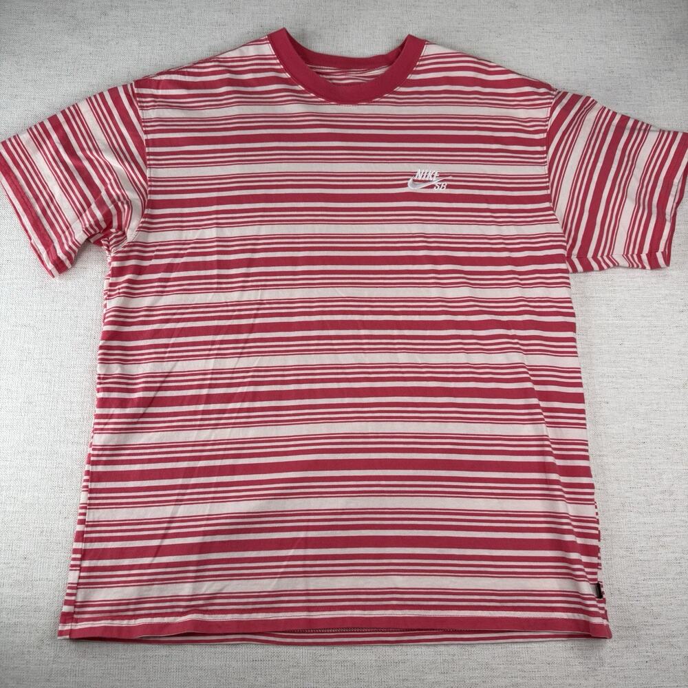 Nike SB Shirt Pink White Striped Nike Tee Short Mens Size L Loose Fit FQ3711-838